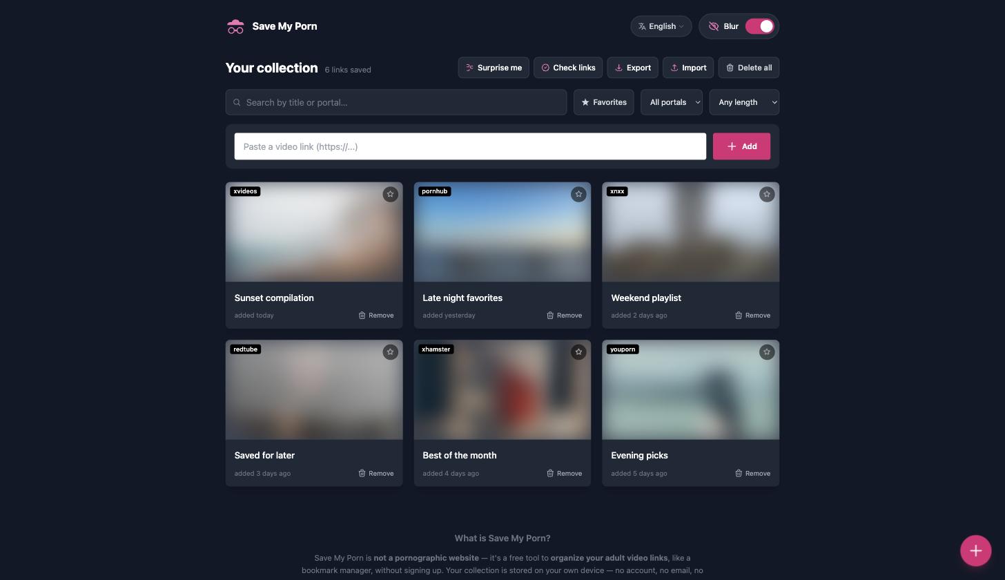 Save My Porn collection view — saved Pornhub and tube-site links shown as cards with blurred thumbnails